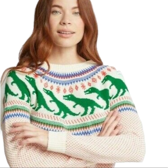 Modcloth Sweaters - Modcloth Cotton T Rex Dinosaur Heart Nordic Crew Neck Sweater Cream Blue XS